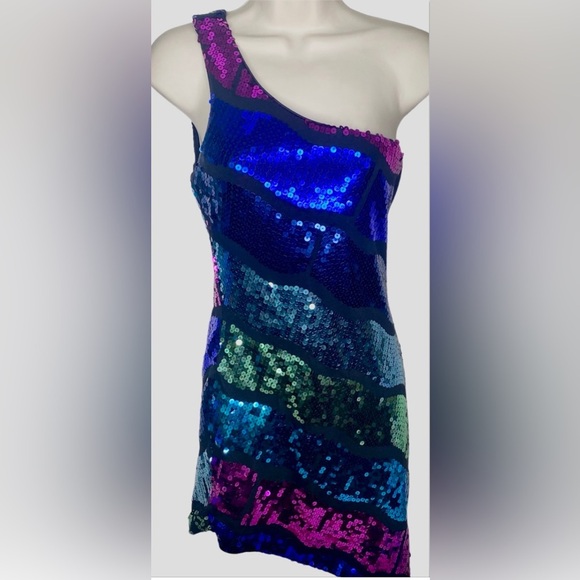 Forever 21 Women’s Asymmetrical Sequined Top One Shoulder L Black Pink Purple - Picture 1 of 14